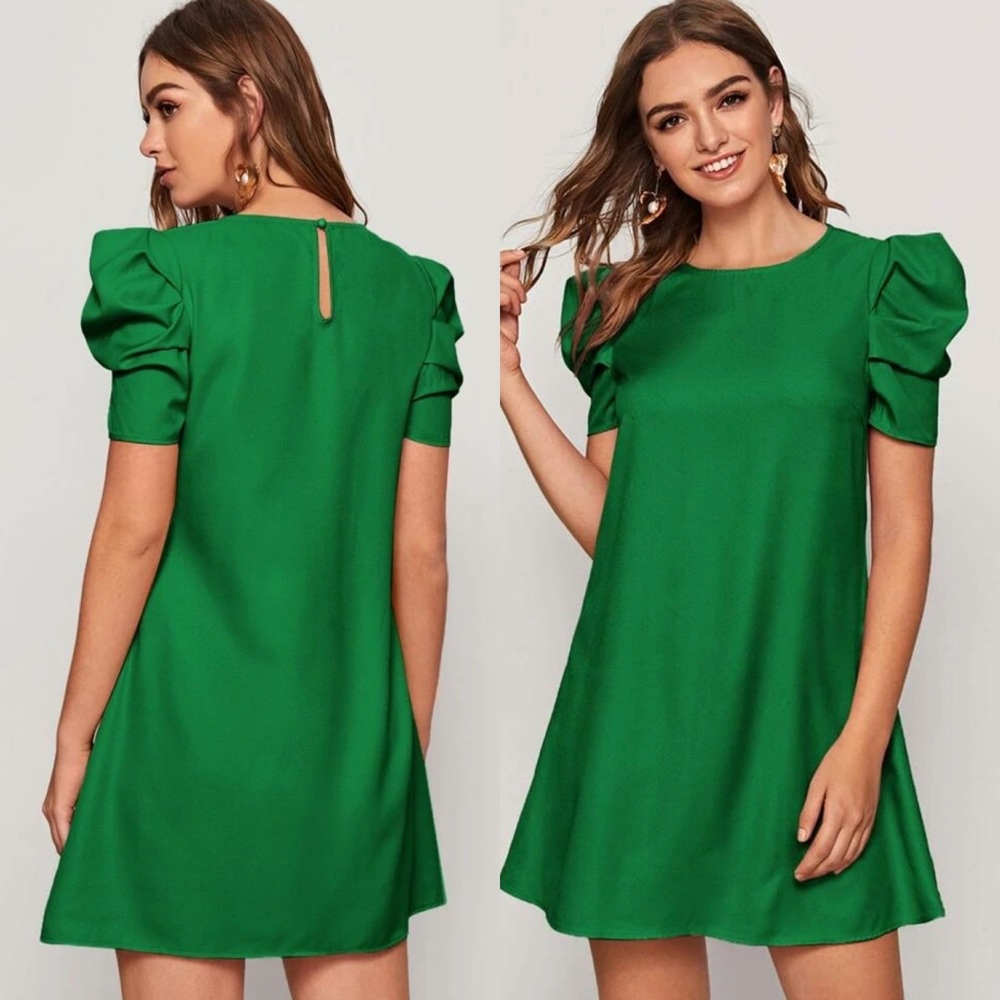 Puff sleeve babydoll shift dress keyhole cutout back short tunic green